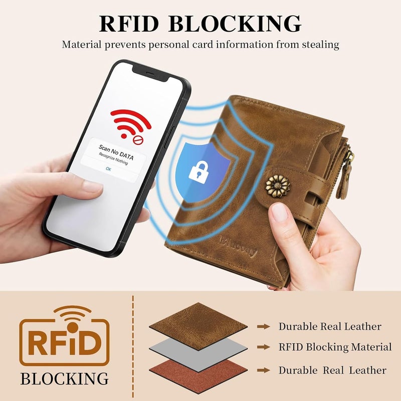 Blucoay Wallet Women,RFID Blocking Womens Wallet,Leather Bifold Compact Small Wallet for Women Card Holder with Zip Coin Pocket(apricotbrown) - Image 5